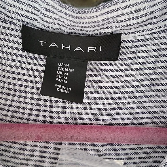 NWT Tahari Black & White Striped Linen Blend Roll Tab Sleeve Pullover Dress Sz M - Picture 3 of 8